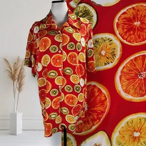 Vintage 90s Citrus Fruit Print Silk Button Up Top Size 1X Oversized Collared - Picture 1 of 12