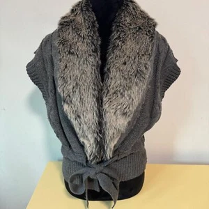 Faux Fur Collar Gray Large Sweater Vest With Tie Belt By New Directions  - Picture 1 of 5