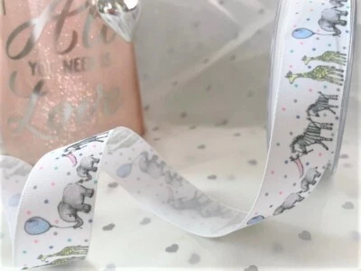 Berisfords ANIMAL PARADE Zebra Elephant Giraffe baby nursery White - Ribbon 25mm