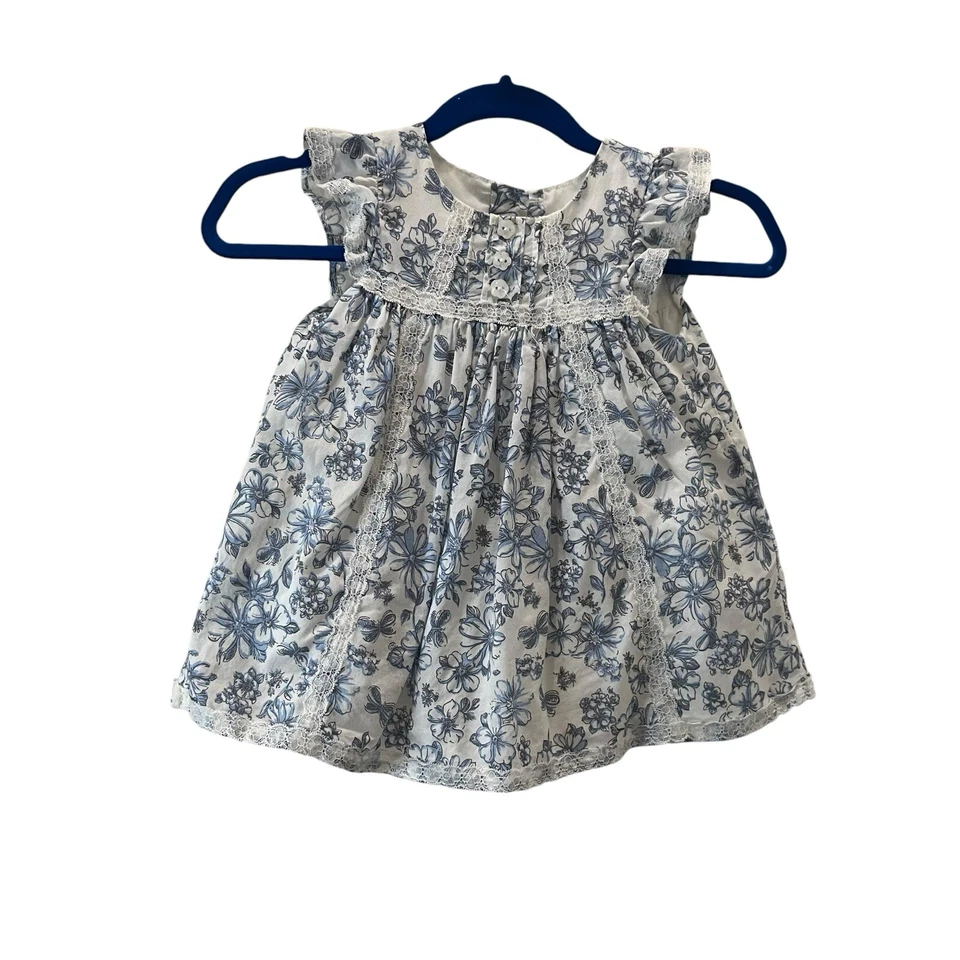 Vestido Piper & Posie Azul Blanco Floral Encaje Manga Corta Forrado Bebé Niñas 0-3M Foto 1 de 4