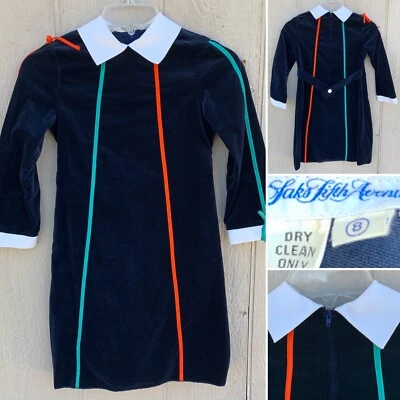 Vintage Saks Fifth Avenue Dress Blue Velvet W/ White & Red, Green Girl Size 8 - Image 1 of 4