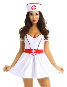 Women's Sexy Nurse Costume Short Sleeve Uniform Dress with Headband and Belt Set - Picture 1 of 19
