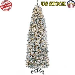 Pre-lit Snow Flocked Pencil Christmas Tree 7.5ft Slim 350 Warm Lights 1086 Tips - Picture 1 of 7
