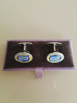 925 Silver Cufflinks Oval Laque Blue And Yallow - Wedding Mens Pair Cuff Links - Immagine 1 di 4