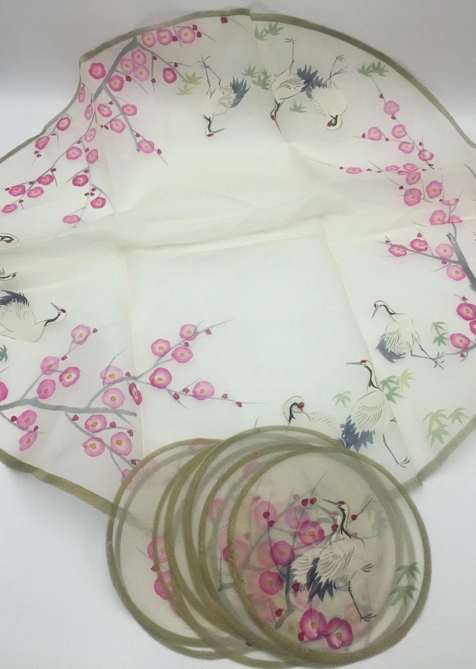 Chinese Crane Bird Flower Watercolor Painting on Silk Lot 1 Large 11 Small Round - Image 1 of 4