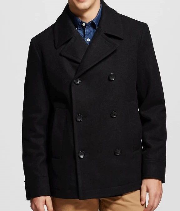 Merona Mens Black Double Breasted Wool Peacoat Jacket Winter Coat, Size Medium   - Image 1 of 1