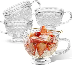 4PCS Vintage Glass Coffee Tea Mugs, 13.5 oz Embossed Clear Glass Tea Set - Picture 1 of 6