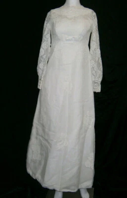 WEDDING GOWN DRESS IVORY OLD FASHION VINTAGE SIZE 2 EMPIRE PEARLS LACE SLEEVES - Image 1 of 4