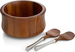Nambe Nara Salad Bowl with Servers | 3-Pc Set | Wooden Salad Bowls with... - Picture 1 of 5