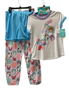 Squishmallows Girls 12 Pajamas 3 Pc Shorts Long Pants Short Sleeve Multicolor - Picture 1 of 12