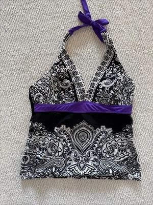 Regata feminina Athleta natação tamanho M preta branca paisley acabamento roxo - Imagem 1 de 3