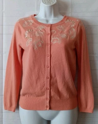 Anthropologie Size S Sparrow Coral Embroidered Cotton Cashmere Cardigan Sweater  - Image 1 of 4