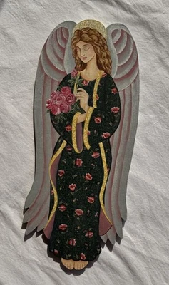 Hand Painted Wooden Angel Wall Hanging Plaque Floral Roses Folk Art Decor - Image 1 of 4