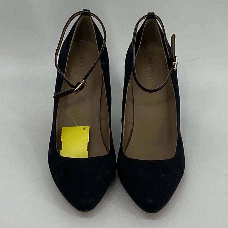 Zapatos de tacón ANN TAYLOR para mujer talla 8 con tiras hebilla al tobillo cuña gamuza negra Foto 1 de 4