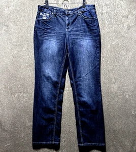 Pantalones de mezclilla para mujer Earl Jean corte recto talla 14 bolsillos adornados con lavado oscuro - Imagen 1 de 12