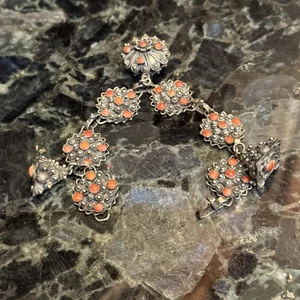 Vtg 30's 800 Silver Italian Etruscan Revival Meditteranean Coral Charm Bracelet - Picture 1 of 14