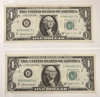 2 Consecutive 1963 B One Dollar Bills BARR NOTES  $1 UNCIRCULATED - Image 1 of 4