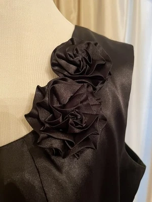 Newport News Black Satiny Rose-Embellished Top, Size 14, Gothic, Vampire - Image 1 of 3