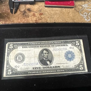 1914 $5 Federal Reserve Note of Kansas City Circulated Large Size Note 10-J - Picture 1 of 7