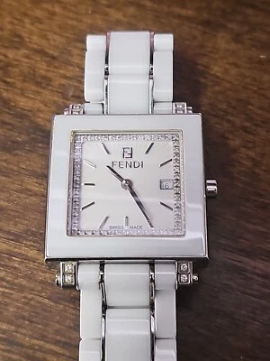 Original Fendi Orologi SS & White Ceramic Ladies Diamond Quadro Watch 6200G - Image 1 of 4