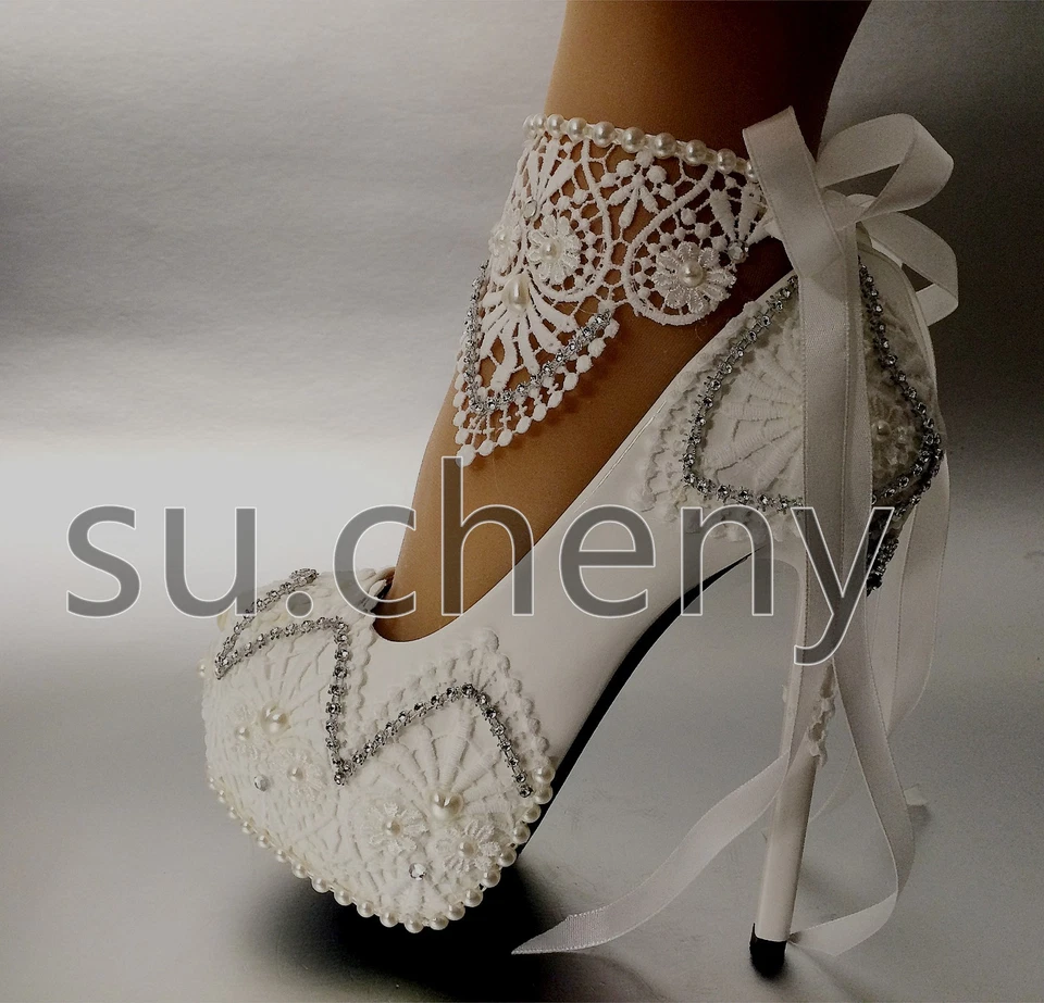 su.cheny white light ivory lace heel platform ribbon anklet Wedding Bridal shoes - Image 1 of 1