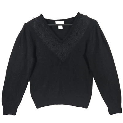 Винтажный вышитый бисером пуловер свитер шелк нейлон ангора размер M прихотливый вышитый - Изображение 1 из 4