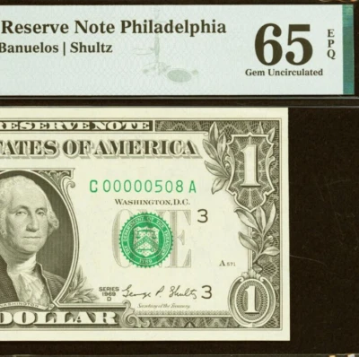 1969D $1 Federal Reserve Note PMG 65EPQ - Birthday - Low Serial Number 00000508 - Image 1 of 3