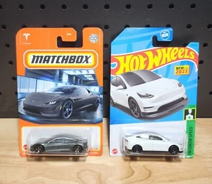 Hot Wheels Tesla Model Y White 37/250 & Matchbox Tesla Roadster 75/100 Toy Car - Picture 1 of 2