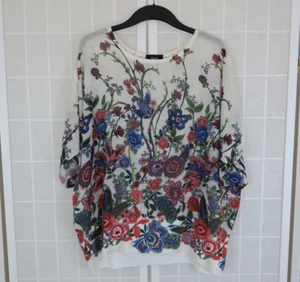 Klass Tunic Top Size XL Red Blue Floral Beaded Chiffon Batwing Lace Back Flawed - Picture 1 of 15