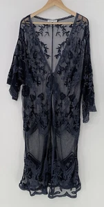 Angel Heart Blue Embroidered Mesh Sheer Toe Front Duster Kimono See Measurements - Picture 1 of 10