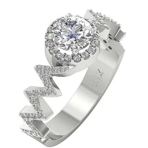 Zig Zag Solitaire Halo Engagement Ring VS F 1.55 Ct Lab Grown Diamond 14K Gold - Picture 1 of 8