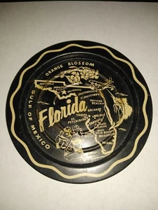 Vintage Florida State Souvenir Round Tin Tray Travel Trip Orange Blossom Beaches - Picture 1 of 7