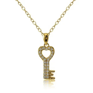 Gold Tone over Sterling Silver Cubic Zirconia Heart Key Necklace - Picture 1 of 3