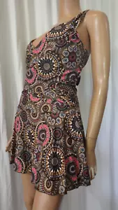 NWT WOMANS SZ 3XL BROWN MULTI RUCHED SKIRTED 1 PIECE SWIMDRESS BUST 46 - Picture 1 of 8