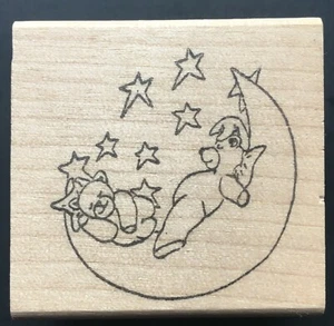 Two Teddy Bears Sleeping on the Moon Stars Celestial Cute Wood Rubber Stamp - Picture 1 of 2