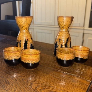 Lot of 2 Handmade Pottery Sake Sets 2 Bottles 4 Cups Bronze Dark Brown Glazed - Picture 1 of 3