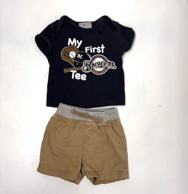 Milwaukee Brewers MLB My First Brewers T 恤尺寸 3-6 个月带卡其色短裤 — 第 1/4 张图片