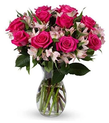  - Rosas encantadoras e alstroemeria (vaso de vidro incluído) – Flores frescas para  - Imagem 1 de 4