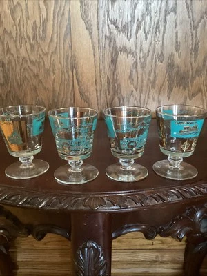 4 MCM  Libbey Short Stem Glasses Steamboat Teal Gold Southern Comfort Barware - Image 1 of 4