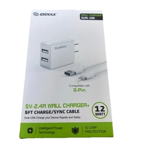 ESOULK 20W PD/QC Wall Charger & 5FT Cable For C To 8pin | White - Picture 1 of 7