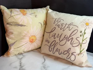 White Floral Throw Pillows Set of 2 ~ "The Earth Laughs In Flowers" - Picture 1 of 11