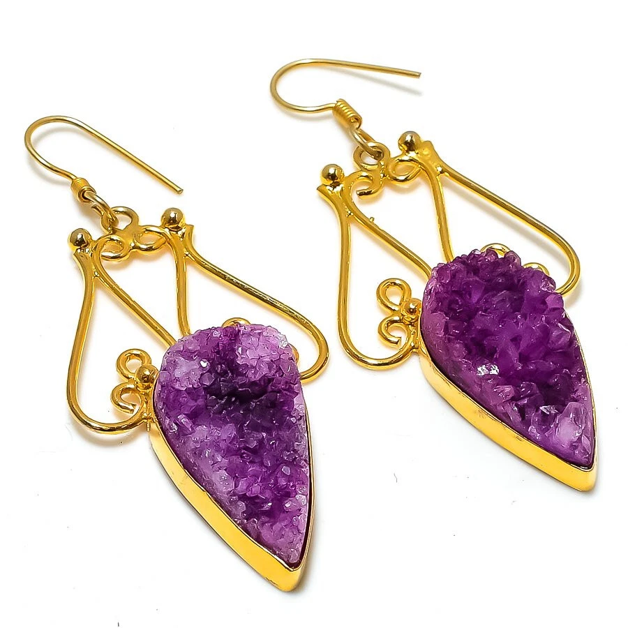 Pendientes enchapados en oro de piedras preciosas druzy púrpura regalo para esposa Foto 1 de 1