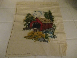 Vintage 1978 Creative Circle Finished Embroidered Piece With A Covered Bridge - Picture 1 of 6