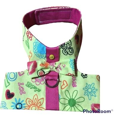 Peace BFF Green Pink Handmade Dog Harness Vest Bow XS (2235) - Image 1 of 2