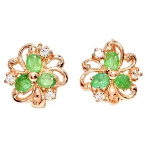 NATURAL AAA GREEN EMERALD OVAL & WHITE CZ STERLING 925 SILVER EARRING - Picture 1 of 6
