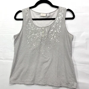 Chicos Womans Sleeveless Tank Top Embellished Gray White Stripe Size Medium 1 - Picture 1 of 10