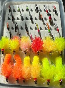 Trout flies buzzers, blobs, mop flies in a slim pocket size  fly box 34 total