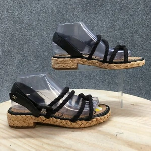 Sam Edelman Sandals Womens 8M Cristan Espadrilles Black Leather Open Toe Braided - Picture 1 of 15