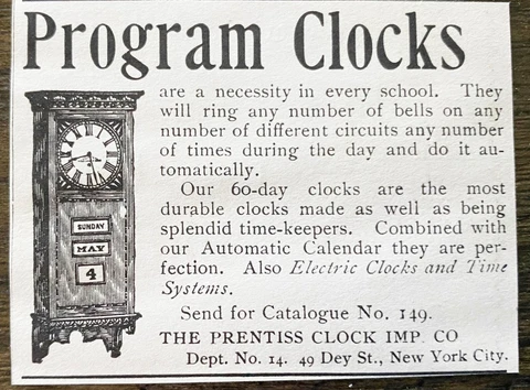 Antique 1899 PRENTISS PROGRAM CLOCKS Vtg Print Ad~Automatic Calendar Time Keeper Cover