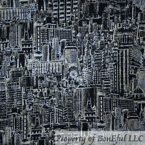 BonEful Fabric FQ Cotton Quilt Black B&W Gold Metallic Dark Night City Building - Picture 1 of 12